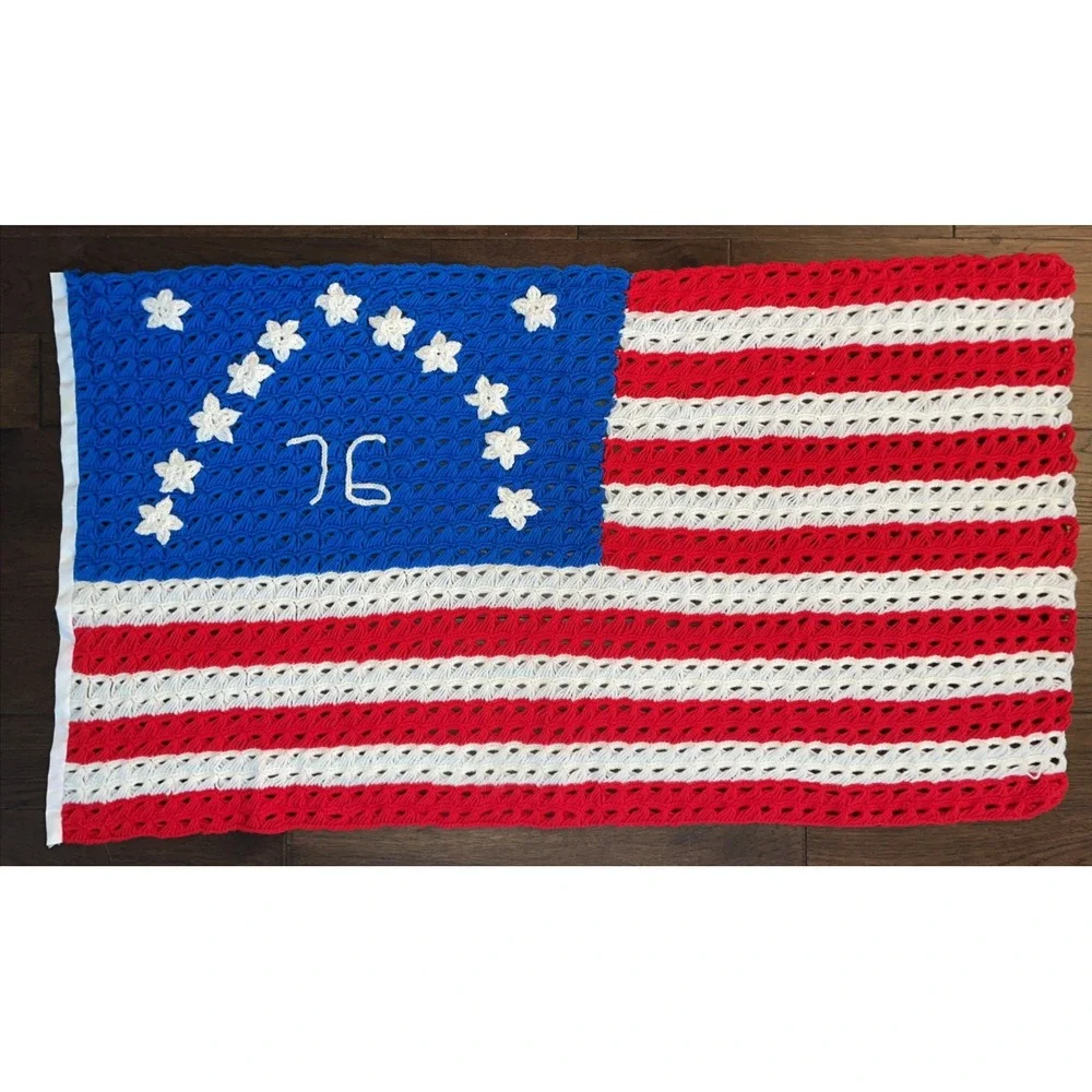 Rare Handmade Vintage 54X29 Bennington American Flag‎ Crocheted Knit Patriotic